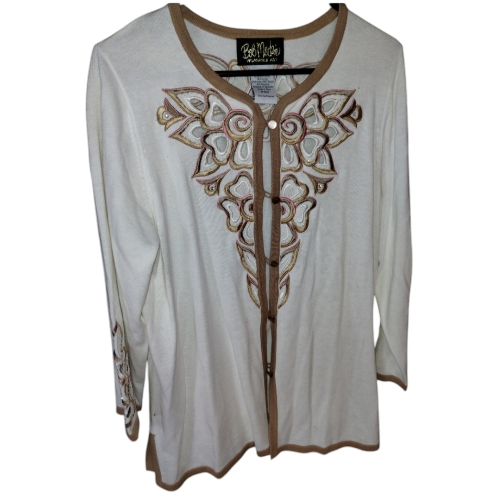 Bob Mackie button down cardigan sweater size large, like new, Embroidered